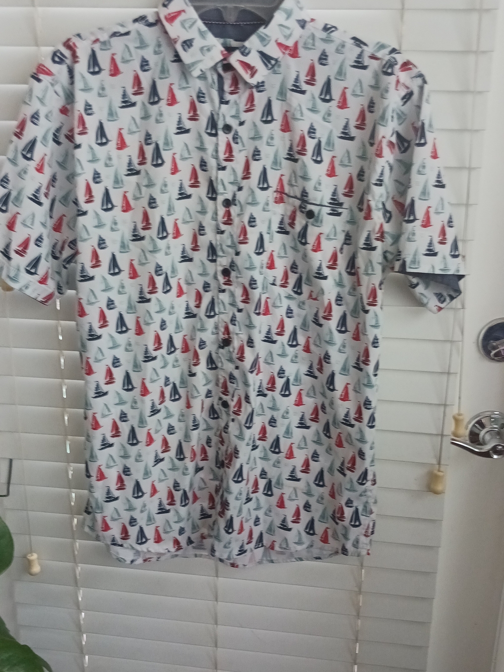 White Short-Sleeve Button-Down Shirt, Red, Blue & Green Sailboat Print, Voyage